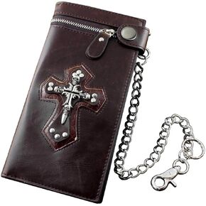 Mens Boys Skull Gothic Cross Zipper Checkboot Long Leather Biker Wallet With Chain