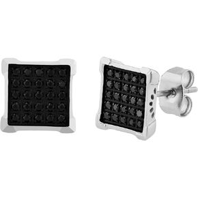 Stainless Steel and 1/4CTW Black Diamond Square Stud Earrings, Metal Gemstone, Diamond