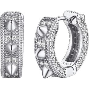 Mens Hoop Earrings Cubic Zirconia Huggie Cartilage Cuff Round/Spike/Skull Sterling Silver Earrings, Hypoallergenic, Come with Box