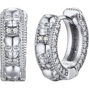 Mens Hoop Earrings Cubic Zirconia Huggie Cartilage Cuff Round/Spike/Skull Sterling Silver Earrings, Hypoallergenic, Come with Box