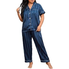WDIRARA Women's Plus Size Sleepwear Heart Print Button Front Satin Pajama Set Shirt and Pants Set