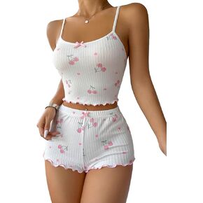 COZYEASE Women's 2 Piece Pajama Set Cherry Print Bow Front Cami Top and Short Pj Set Cute Soft Sleepwear