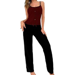 SweatyRocks Women's 2 Piece Pajama Set Lace Cami Top and Flare Pants PJ Set Loungewear