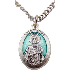 St Jude Medal Green Enamel on Metal Saint Pendant 3/4 Inch with Chain