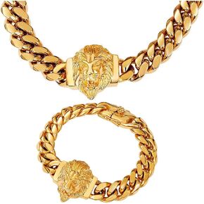 Cuban Link Chain for Men Lion Choker Hip Hop Necklace 18",20" and Bracelet 8.5" Jewelry Set, 18K Gold 14mm Polishing Stainless Steel