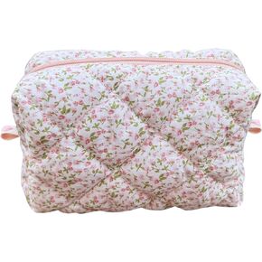 Cotton Quilted Makeup Bag Coquette Accessories Make up Bag Organizer Cute Floral Cosmetic Pouch Travel Makeup Bag for Women (Red heart)