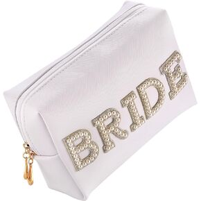 Bride Patch MRS Cosmetic Bag,Pearl Rhinestone Letter makeup Toiletry Bag for Women, Portable Small PU Leather Waterproof bling Travel Purse Zipper Pouch Storage Organizer WH (Bride W) in Saudi Arabia