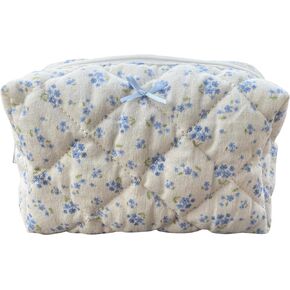 Cotton Quilted Makeup Bag Coquette Accessories Make up Bag Organizer Cute Floral Cosmetic Pouch Travel Makeup Bag for Women (Red heart)