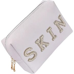 Bride Patch MRS Cosmetic Bag,Pearl Rhinestone Letter makeup Toiletry Bag for Women, Portable Small PU Leather Waterproof bling Travel Purse Zipper Pouch Storage Organizer WH (Bride W)