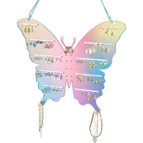 NiHome Iridescent Acrylic Butterfly Wall Mount Jewelry Organizer Rack, Rainbow Earring and Necklace Holder for Girls, Home and Store Use, Easy No-Tool Installation & Elegant Design for Jewelry Display