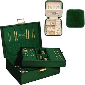 Benevolence LA Plush Emerald Travel Jewelry Case and Large Jewelry Storage Box | Travel Jewelry Organizer Box, Jewelry Travel Organizer for Women | Velvet Jewelry Boxes for Women