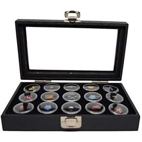 Novel Box Medium Glass Top Black Leatherette Jewelry Display Case + 15 Count Jar Insert Tray in Black + Custom NB Pouch