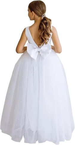 MCieloLuna Pearls Flower Girls Tulle Wedding Bridesmaid Party First Communion Dress for Girls Princess Ball Gowns with Bow-Knot White Size 4 in Kuwait