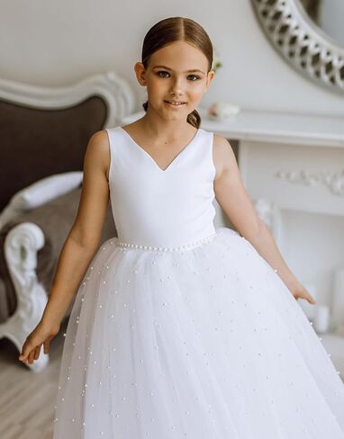 MCieloLuna Pearls Flower Girls Tulle Wedding Bridesmaid Party First Communion Dress for Girls Princess Ball Gowns with Bow-Knot White Size 4 in Kuwait