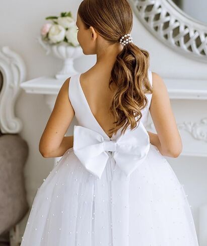 MCieloLuna Pearls Flower Girls Tulle Wedding Bridesmaid Party First Communion Dress for Girls Princess Ball Gowns with Bow-Knot White Size 4 in Kuwait