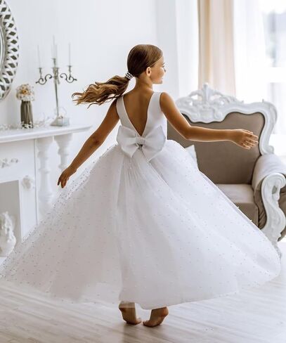 MCieloLuna Pearls Flower Girls Tulle Wedding Bridesmaid Party First Communion Dress for Girls Princess Ball Gowns with Bow-Knot White Size 4 in Kuwait