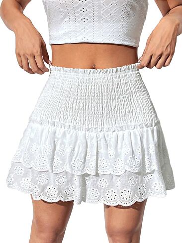 Milumia Women's Eyelet Layered A Line Mini Skirt High Waisted Smocked Ruffle Short Skirts in Saudi Arabia