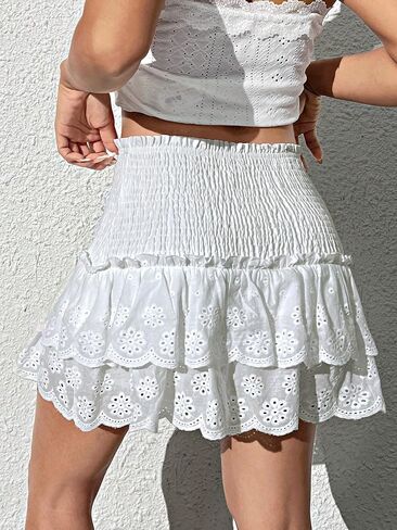 Milumia Women's Eyelet Layered A Line Mini Skirt High Waisted Smocked Ruffle Short Skirts in Saudi Arabia