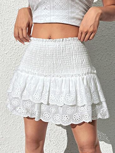 Milumia Women's Eyelet Layered A Line Mini Skirt High Waisted Smocked Ruffle Short Skirts in Saudi Arabia