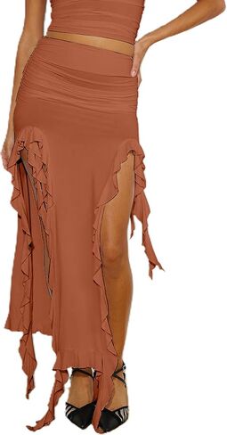 تنورة AGECODE للسيدات عالية الخصر ومكشكشة ومكشكشة ومقسمة على الجسم in Kuwait