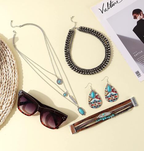 MOZAKA 5 مجموعة مجموعة مجوهرات غربية للنساء مجموعة مجوهرات بوهيمية فيروزية تتضمن قلادة لؤلؤ نافاجو وقلادة فيروزية وقلادة وقلادة من الجلد الصناعي وسوار من الجلد الصناعي وأقراط متدلية من الفيروز ونظارات شمسية غربية in Kuwait