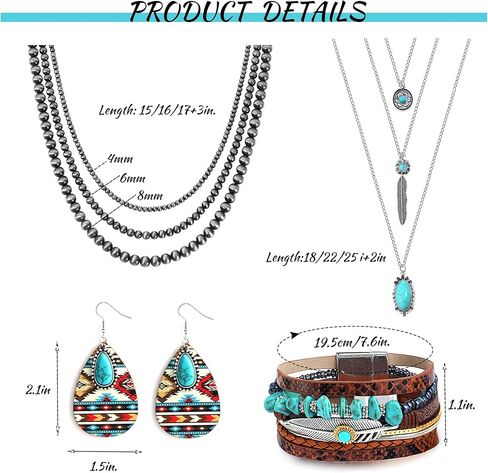 MOZAKA 5 مجموعة مجموعة مجوهرات غربية للنساء مجموعة مجوهرات بوهيمية فيروزية تتضمن قلادة لؤلؤ نافاجو وقلادة فيروزية وقلادة وقلادة من الجلد الصناعي وسوار من الجلد الصناعي وأقراط متدلية من الفيروز ونظارات شمسية غربية in Kuwait