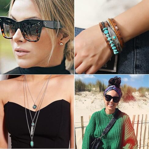 MOZAKA 5 مجموعة مجموعة مجوهرات غربية للنساء مجموعة مجوهرات بوهيمية فيروزية تتضمن قلادة لؤلؤ نافاجو وقلادة فيروزية وقلادة وقلادة من الجلد الصناعي وسوار من الجلد الصناعي وأقراط متدلية من الفيروز ونظارات شمسية غربية in Kuwait