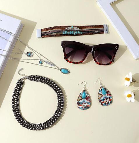MOZAKA 5 مجموعة مجموعة مجوهرات غربية للنساء مجموعة مجوهرات بوهيمية فيروزية تتضمن قلادة لؤلؤ نافاجو وقلادة فيروزية وقلادة وقلادة من الجلد الصناعي وسوار من الجلد الصناعي وأقراط متدلية من الفيروز ونظارات شمسية غربية in Kuwait