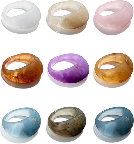 fxiqini 9 قطع خواتم الراتنج واسعة سميكة رقيقة قبة ملونة الاكريليك مكتنزة المفصل البنصر مجموعة الرجعية خمر y2k البلاستيك الشفاف تكويم الفرقة المشتركة خواتم مجوهرات للنساء in Kuwait