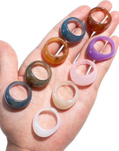 fxiqini 9 قطع خواتم الراتنج واسعة سميكة رقيقة قبة ملونة الاكريليك مكتنزة المفصل البنصر مجموعة الرجعية خمر y2k البلاستيك الشفاف تكويم الفرقة المشتركة خواتم مجوهرات للنساء in Kuwait