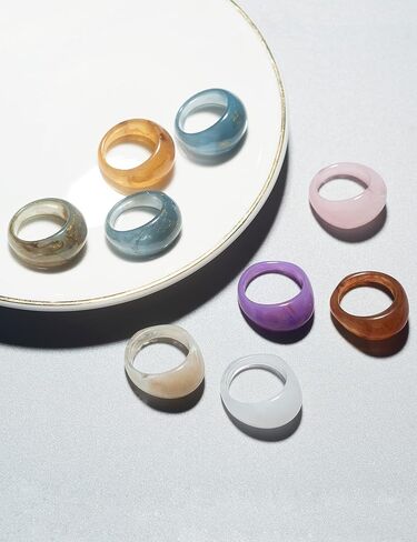 fxiqini 9 قطع خواتم الراتنج واسعة سميكة رقيقة قبة ملونة الاكريليك مكتنزة المفصل البنصر مجموعة الرجعية خمر y2k البلاستيك الشفاف تكويم الفرقة المشتركة خواتم مجوهرات للنساء in Kuwait