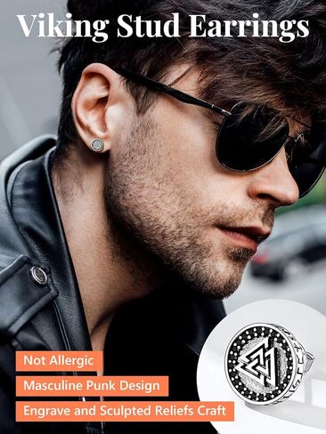 Silvora 925 Sterling Silver Zirconia Earrings Studs, Thors Hammer/Compass/Skull/Celtic Knot/Valkbut/Wolf Head Ear Studs Engraved with Rune Symbol Dainty Earrings for Men Women,Come with Box in Kuwait