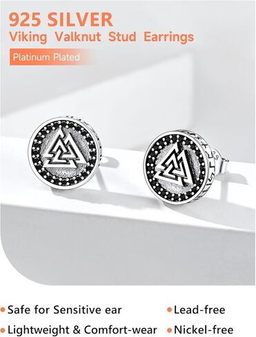 Silvora 925 Sterling Silver Zirconia Earrings Studs, Thors Hammer/Compass/Skull/Celtic Knot/Valkbut/Wolf Head Ear Studs Engraved with Rune Symbol Dainty Earrings for Men Women,Come with Box in Kuwait