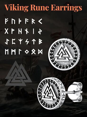 Silvora 925 Sterling Silver Zirconia Earrings Studs, Thors Hammer/Compass/Skull/Celtic Knot/Valkbut/Wolf Head Ear Studs Engraved with Rune Symbol Dainty Earrings for Men Women,Come with Box in Kuwait