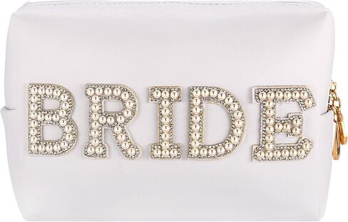 حقيبة مستحضرات التجميل MIRIFRIGE Bride Patch MRS، حقيبة أدوات الزينة للمكياج بحروف من حجر الراين اللؤلؤي للنساء، حقيبة صغيرة محمولة من جلد البولي يوريثان مقاومة للماء ومحفظة سفر بسحاب منظم تخزين WH (العروس W) in Saudi Arabia