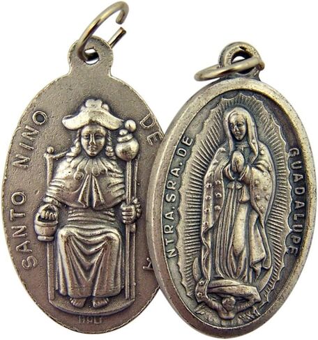 هدايا دينية فضية اللون قاعدة ملونة تحمل عبارة Our Lady of Guadalupe Santo Nino de Atocha متدلية على الوجهين، 1 3/8 بوصة in Saudi Arabia
