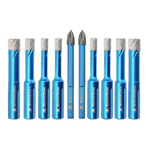 Dry Diamond Drill Bit Set,BRSCHNITT 10pcs 1/4,5/16,3/8inch Masonry Drill Bits with Triangle Shank for Porcelain Tile Ceramic Stone Granite Marble,Dry Drilling Diamond Core Drill Bit Kit