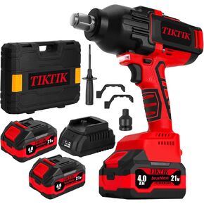 TIKTIK 21V Cordless Impact Wrench,1500Ft-lbs(2000N.m) Brushless High Torque Impact Driver,3/4 Inch Impact Gun with1/2 Inch Adapter and 2 * 4.0Ah Battery&Fast Charger,Electric Impact Gun for Car Tire