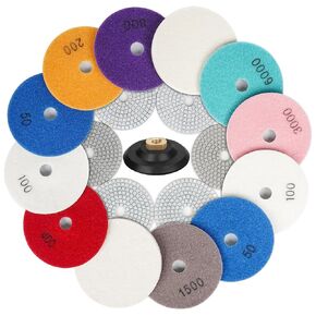 4 Inch Diamond Polishing Pads 13PCS Wet/Dry Polish Pad Kit for Drill Grinder Polisher 50-6000 Grit Pads for Granite Marble Concrete Stone Countertop Quartz Polishing