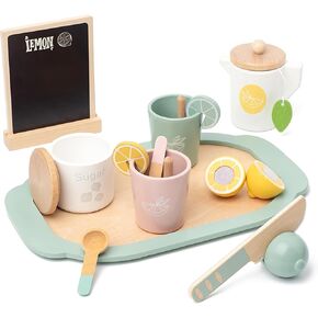 Wooden Tea Party Set for Little Girls Toys, Pretend Play Kids Tea Set for Toddlers Wood Toys, Wooden Play Food Kitchen Accessories Sets for Kid (Lemon Tea)