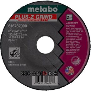 Metabo 7-inch Plus-Z Grinding Wheel | Type 27 | 7" x 1/4" x 5/8"-11 | ZA24T | Zirconia Alumina | Super Performance | Improved Performance in Steel, Stainless Steel | 655788000