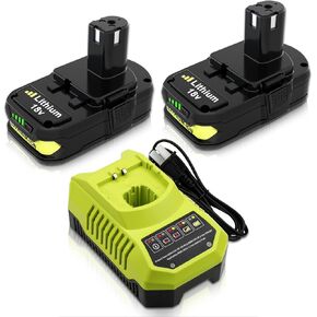 2-Pack 3.0Ah Replacement Battery and Charger Compatible with Ryobi 18V Lithium Battery P102 P103 P104 P105 P107 P109 P108 P190 P122