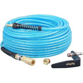 Air Compressor Hose 1/4 Inch x 100 Feet Flexible Reinforced Polyurethane (PU) Air Hose 300PSI with Brass Fittings, Strain Reliefs, 1/4" 360 Swivel Coupler and Plug,1PCS Hook For Nailer