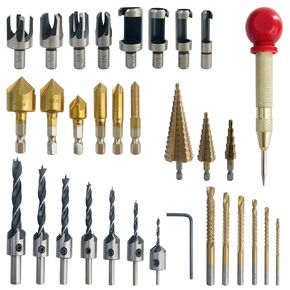Sutekus 32 Pack Woodworking Chamfer Drilling Tool Kit Including Countersink Drill Bits Set, Wood Plug Cutter, Step Drill Bits, Cutting Twist Bits and Center Punch