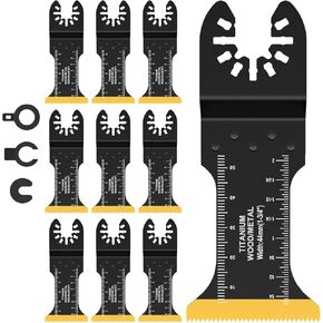 10Pcs Oscillating Saw Blades 1-3/4 Inch Lengthened Titanium Coated Multitool Blades Sharp Wear Resistant Saw Blades with Gasket Adapters Oscillating Tool Blades for Cutting Wood Plastic Metal