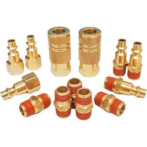 Air Hose Fittings And Quick Connect Air Fittings, 1/4 Inch NPT Brass Female Male Air Coupler Plug And Hex Nipple (13 Piece) Industrial Type D, Air Compressor Fittings