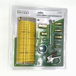 Air Compressor Accessory Kit, 12 Piece, Yellow Hoses and Fittings, coupler, plug, needle, nozzle, tire gauge, air blow gun, air hose
