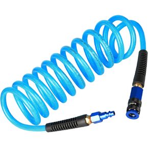 Heavy Duty Reinforced Polyurethane Recoil Air Hose 1/4 in x 10 ft, Lightweight, Flexible Compressor Hose with Universal Quick Coupler, Plug and Bend Restrictors, Blue