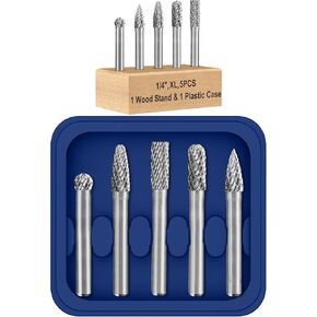 Carbide Burr Set 1/4" Shank 5PCS XL w/Wood Base Die Grinder Bits Rotary Tool Rasp File for Metal Welds Concrete Stone Wood Plastic Carving Cutting Cleaning Grinding Engraving Porting Polish