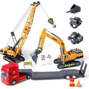 Construction Toys for Boys With Crane & Excavator, Toy Trucks for Toddlers, Kids Construction Truck Toy Semi Truck and Trailer Tractor Lowboy,  Birthday Gifts for 3 Year Old and Up Boys Girls Children